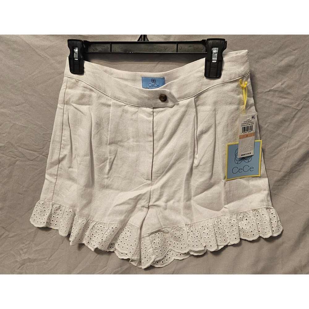 Women's CeCe Size 2 White Eyelet Linen Blend Scallop Hem Shorts NWT $79 L477